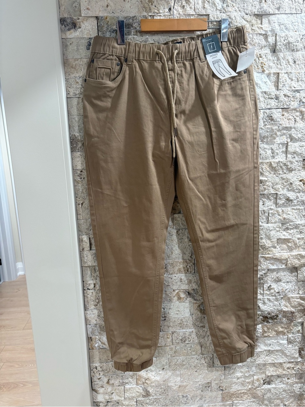 Men's Khaki Jogger Pants - Casual Elastic Cuff 98% cotton XL